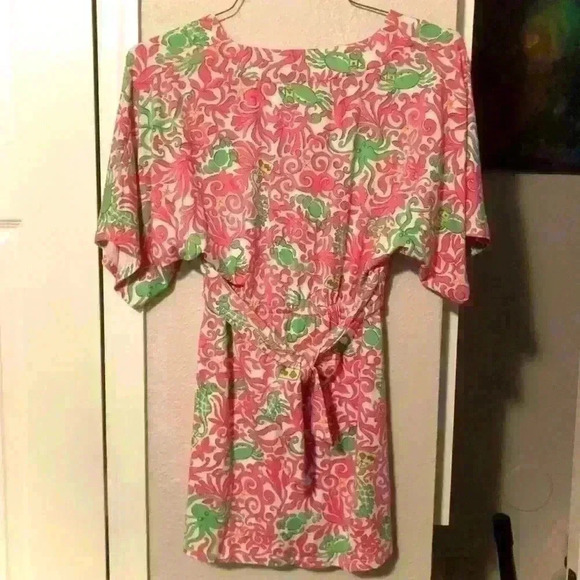 Lilly Pulitzer V-Neck Pink Green Tie-Waist Crab Octopus Money Tunic Dress - Picture 2 of 7